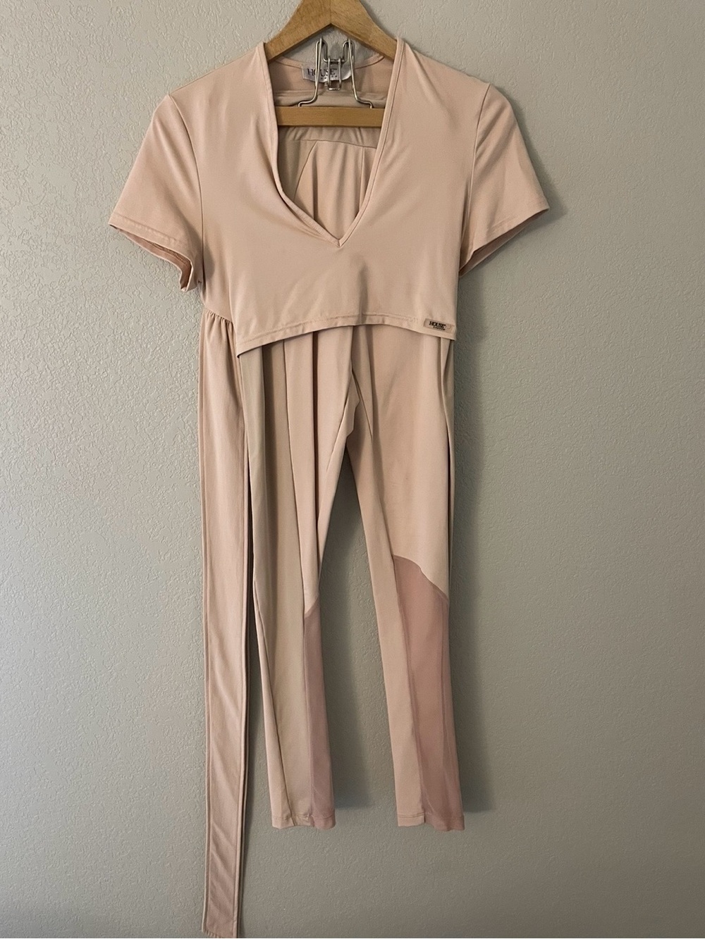 House Of CB Beige Blush Activewear Outfit Leggings Medium Crop Top Small